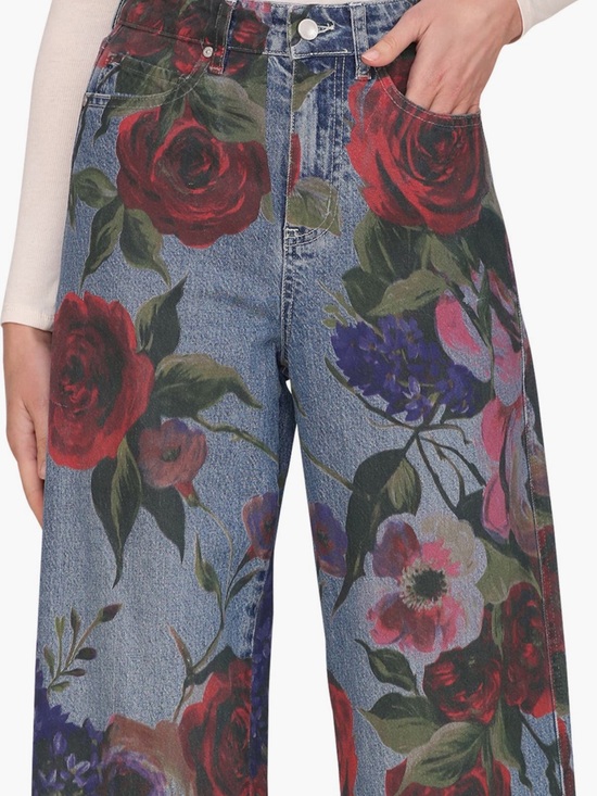 Avec Les Filles Denim - Avec Les Filles Blue Denim Wide Leg Jeans with Red & Purple Floral Print